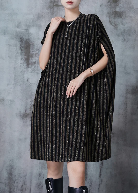 midi dresses for autumnItalian Golden Oversized Striped Cotton Mid Dress Summer