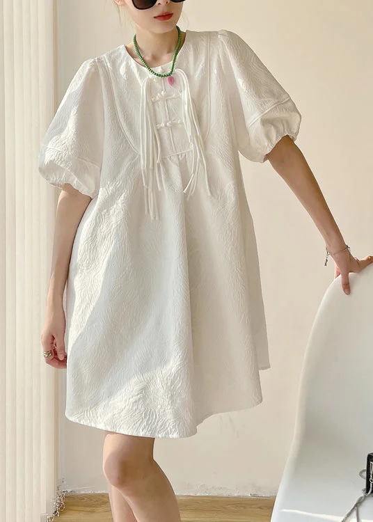 long-sleeved floral midi dressesChinese Style White Tasseled Patchwork Cotton Mid Dress Puff Sleeve