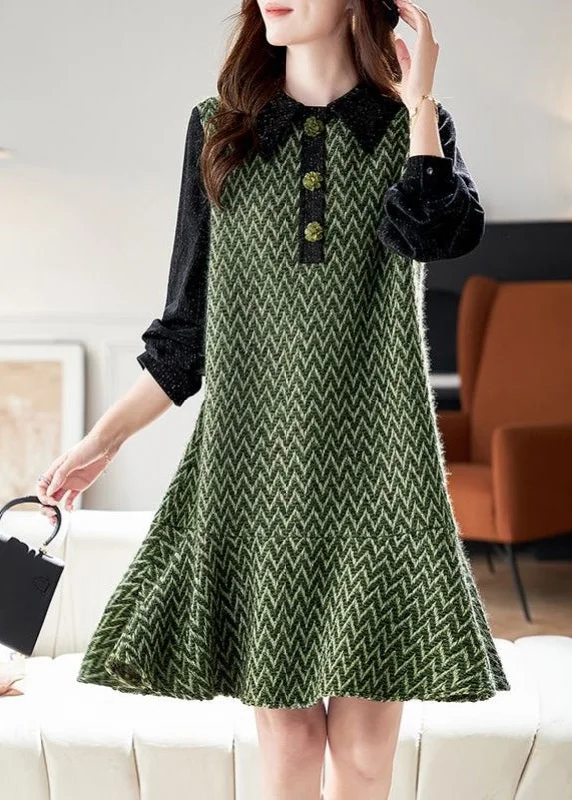 cinched-waist midi dressesFrench Green Peter Pan Collar Striped Patchwork Mid Dresses Spring