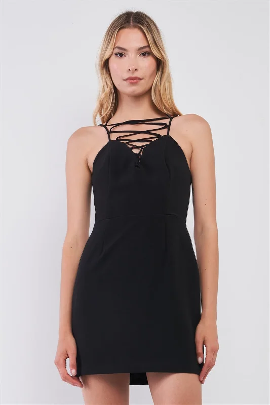 casual Mimi dresses onlineBlack Slim Fit Sleeveless V-neck Front Corset Inspired Tie-up Detail Cocktail Mini Dress