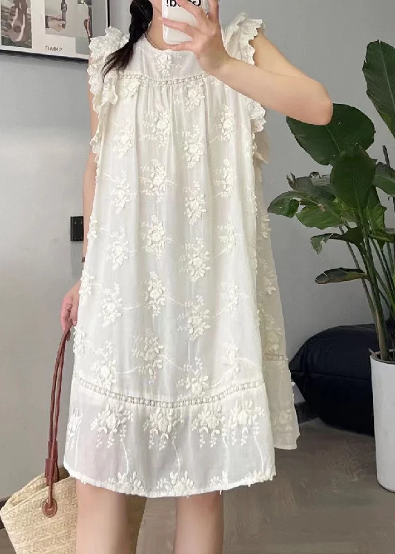 cinched-waist midi dressesCute Beige O-Neck Embroidered Floral Silk Cotton Mid Dress Summer