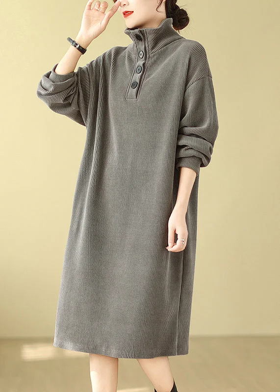 midi cocktail dressesGrey Button Plus Size Simple Corduroy Mid Dress Hign Neck Fall