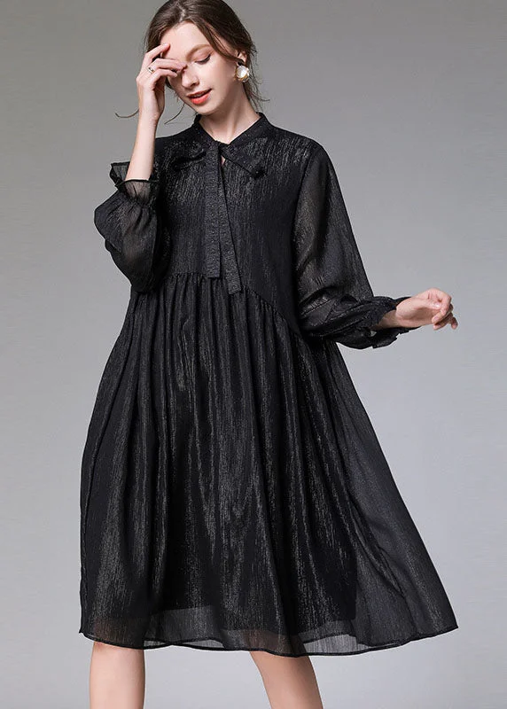 midi wrap dressesWomen Black O-Neck Patchwork Wrinkled Chiffon Mid Dresses Long Sleeve