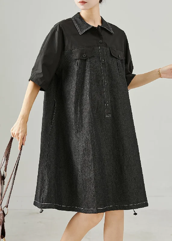 tie-waist midi dressesChic Black Oversized Patchwork Cotton Mid Dress Summer