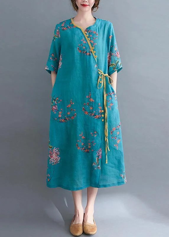 midi party dressesFrench Blue Print tie waist Mid Summer Cotton Dress