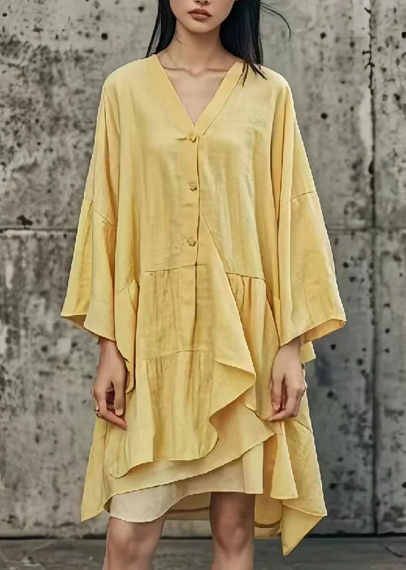 long-sleeved midi dressesHandmade Yellow Asymmetrical Patchwork Cotton Mid Dress Summer