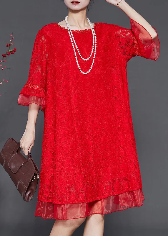 high-slit midi dressesHandmade Red Oversized Patchwork Lace Mid Dress Flare Sleeve