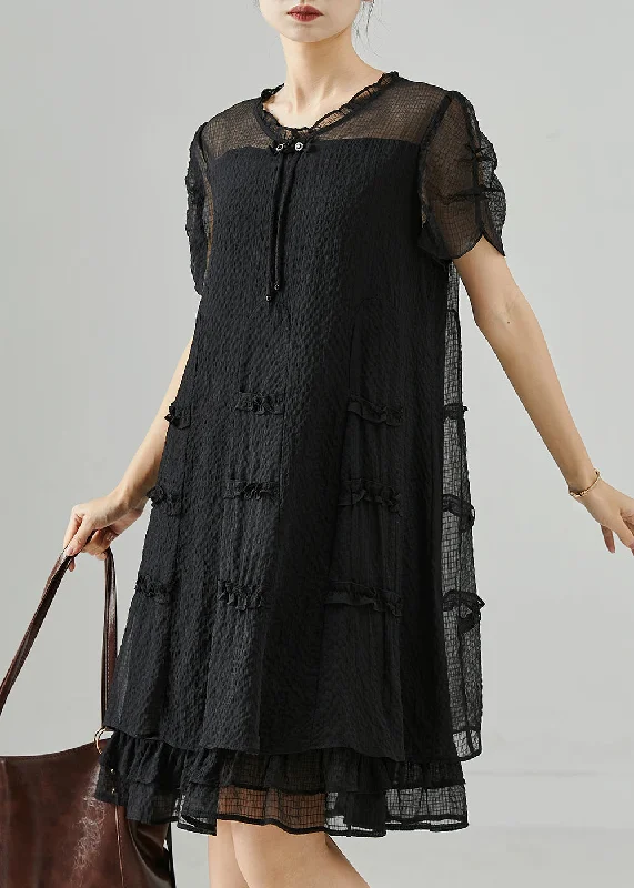 cotton blend midi dressesClassy Black Tasseled Ruffled Silk Mid Dress Summer