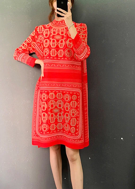 lightweight midi dressesRed Turtleneck Print Side Open Mid Dresses Long Sleeve