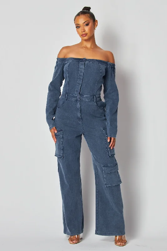 women's jumpsuits for cozy daysArden Off Shoulder Straight Leg Denim Cargo Jumpsuit