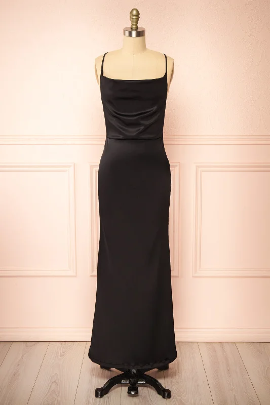 maxi dresses with cinched waistsAlexia Black | Long Satin Mermaid Dress w/ Cowl Neck