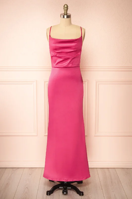 maxi dresses with spaghetti strapsAlexia Pink | Long Satin Mermaid Dress w/ Cowl Neck