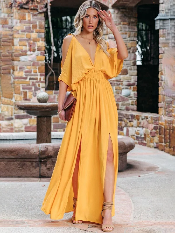 maxi dresses for pool partiesBerriesJam - Backless Deep V Neck Long Dress Side Split Sexy Dress