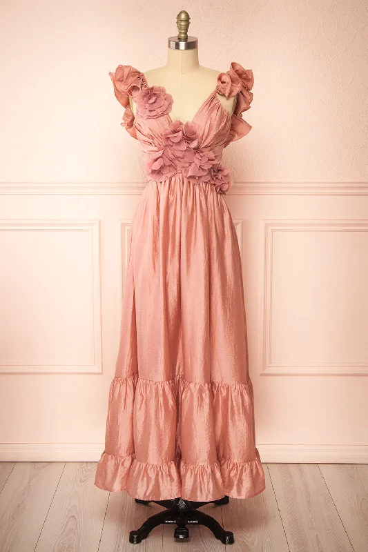 maxi dresses with cap sleevesBinnie | Long Pink Dress w/ 3D Flowers