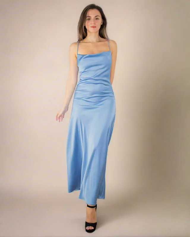 maxi dresses for breastfeeding mothersDavina Blue Satin Cowl Neck Dress - Long Satin Slip Dress