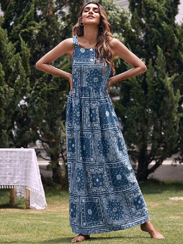 maxi dresses for cocktail partiesBerriesJam - Bohemian Strap Tie Up A-line Print Beach Long Dress