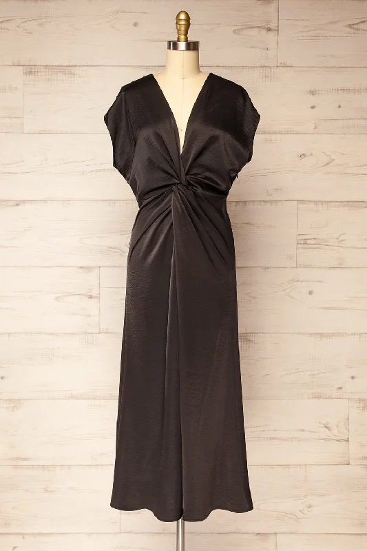 maxi dresses with mermaid silhouettesBossie Black | Long Satin Dress w/ Knot Effect