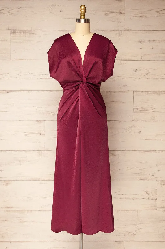 maxi dresses with removable beltsBossie Burgundy | Long Satin Dress w/ Knot Effect