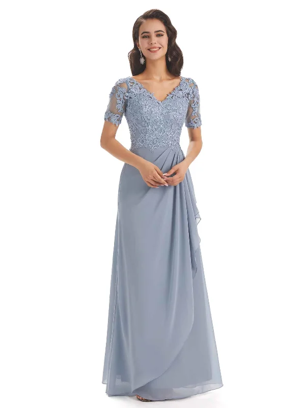 wedding dress with buttonsElegant Lace Short Sleeves Chiffon V-neck Floor-length Mother of The Bride Dresses