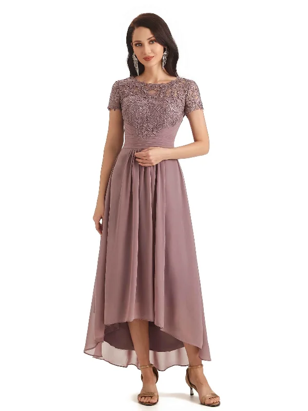 off-the-shoulder wedding dressesElegant A-line Chiffon Lace Jewel Short Sleeves High Low Mother Of The Bride Dresses