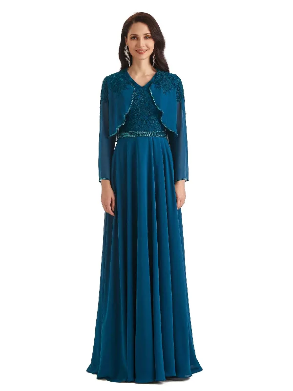 sequined wedding dressesElegant A-line Chiffon Long Lace Mother of The Bride Dresses With Jacket