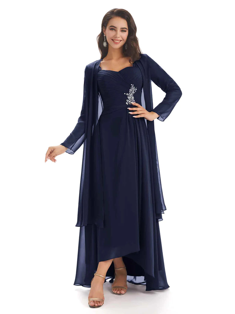 ready-to-wear wedding dressesElegant A-line Chiffon Long Sleeves High-Low Mother of The Bride Dresses In Stock