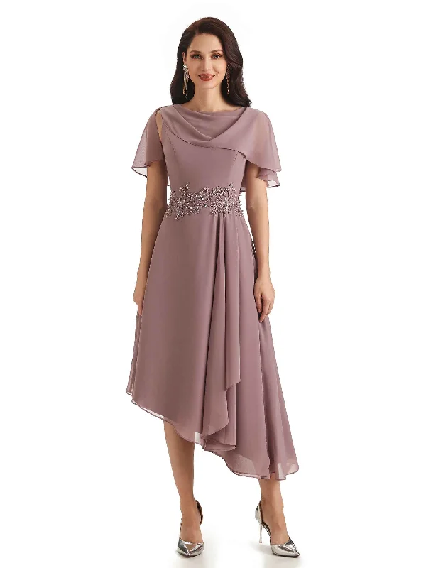 wedding dress inspirationElegant A-line Chiffon Short Sleeves Asymmetrical Short Mother of The Bride Dresses