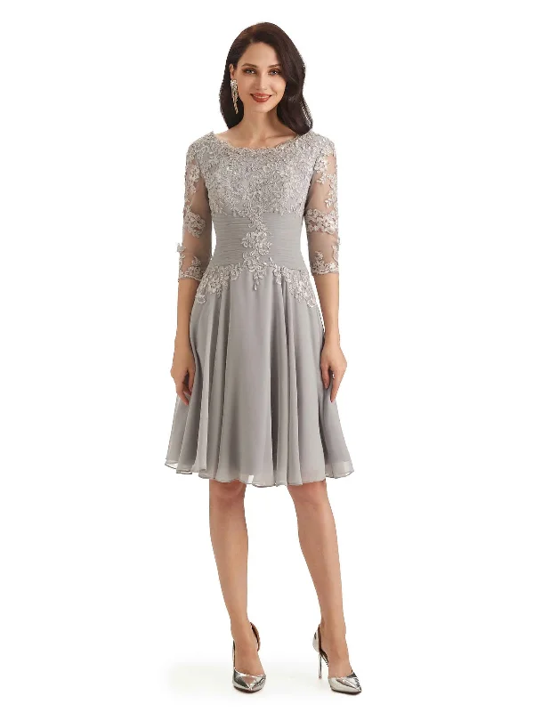 A-line wedding dressesElegant Scoop Lace Chiffon Half Sleeves Knee Length Short Mother Of The Bride Dresses