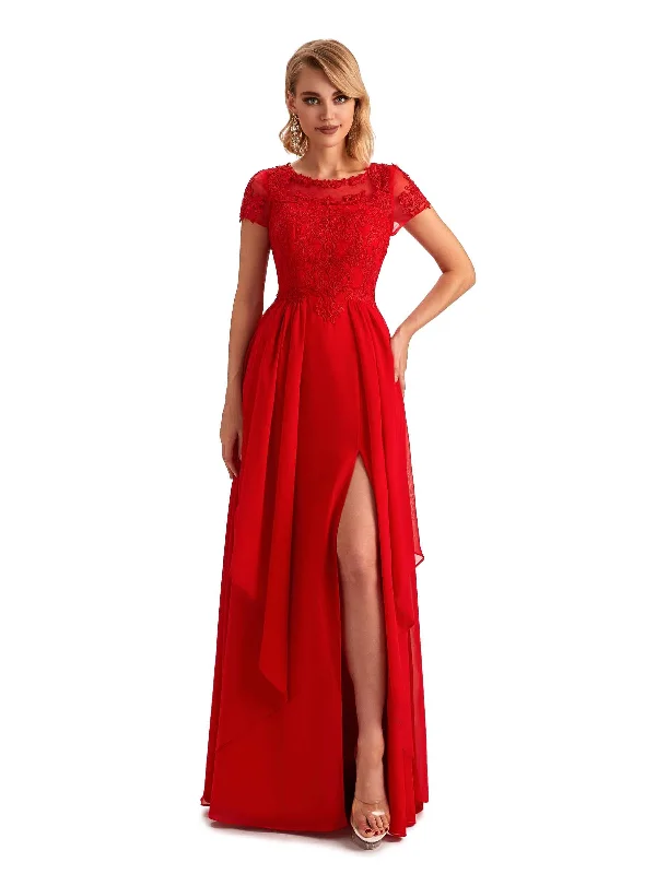 lace maxi dressesElegant Short Sleeves Jewel Side Slit Chiffon Lace A-line Long Mother of the Groom Dresses