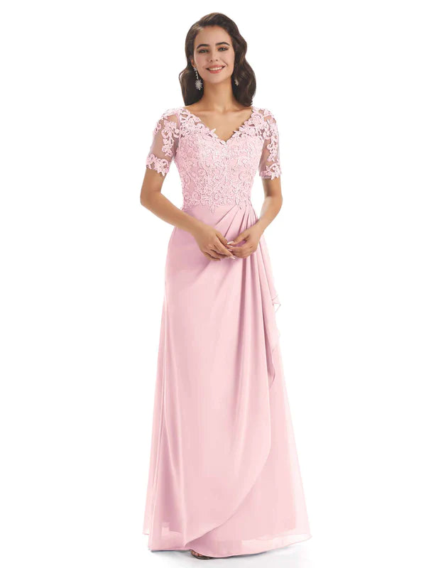 petite wedding dressesElegant Lace Short Sleeves Chiffon V-Neck Floor-Length Mother Of The Bride Dresses In Stock