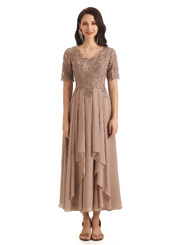 high-low wedding dressesElegant Short Sleeves Chiffon Lace Ankle-Length Short Mother of The Bride Dresses