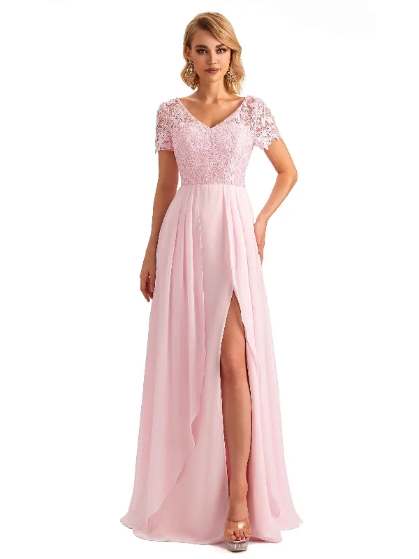 church wedding dressesElegant Side Slit Chiffon Short Sleeves A-line Long Mother of the Brides Dresses