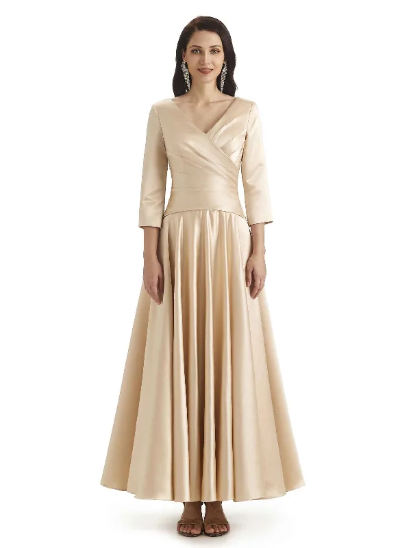 classic wedding dressesElegant Soft Satin 3/4 Sleeves V-Neck Ankle Length Mother of The Bride Dresses