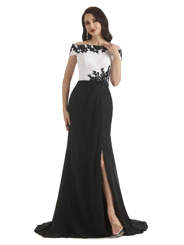 cap sleeve wedding dressesSexy Side Slit Mermaid Off The Shoulder Black and White Long Mother of The Bride Dresses