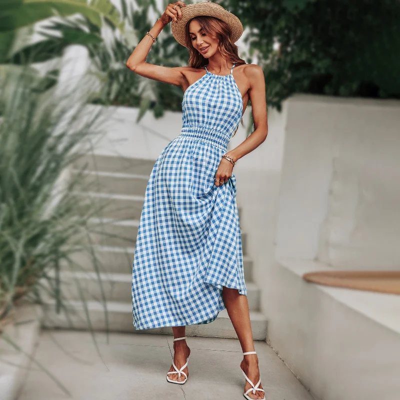 maxi dresses for semi-formal eventsBerriesJam - Fashion Plaid Holiday Elastic Waist Beach Long Sundress