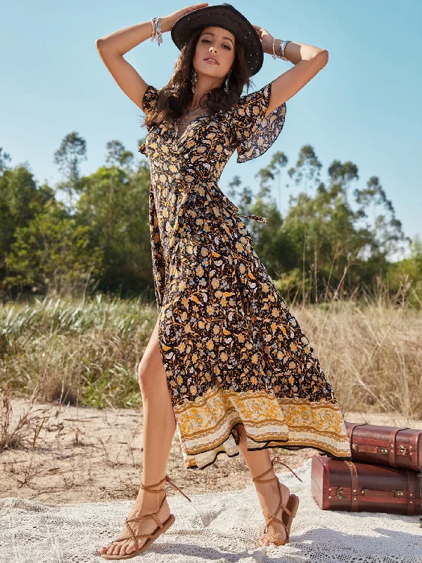 maxi dresses for day-to-night wearBerriesJam - Floral Print Bohemia Short Sleeve A-Line Long Dress