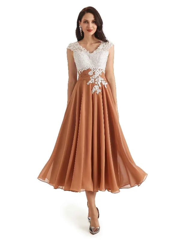 sleeveless wedding dressesElegant Tea Length Short Flowy Lace Mother Of The Bride Dresses Online