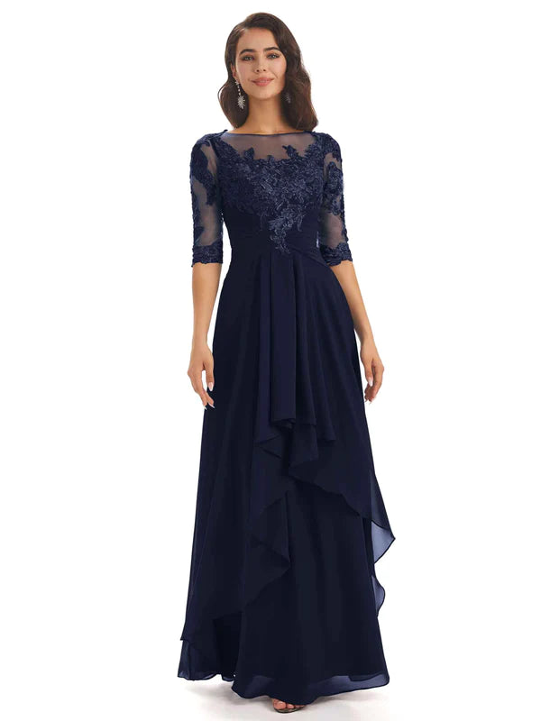 budget-friendly wedding dressesHalf Sleeves Appliques Chiffon Elegant Floor-Length Mother Of The Bride Dresses In Stock