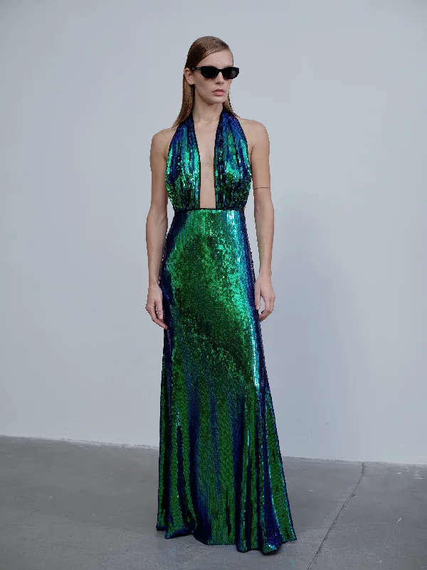 maxi dresses for active wear (with stretch fabric)Ines Sequin Long Dress in Océan Bleu