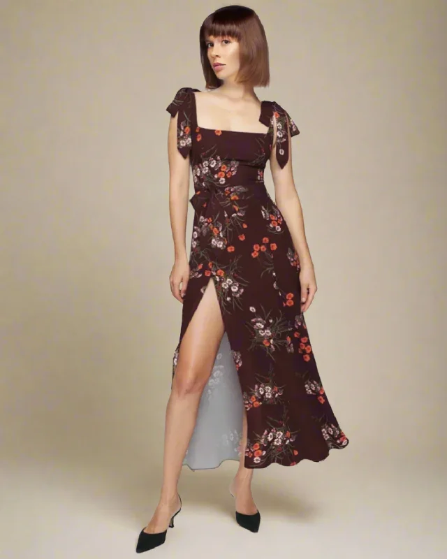 maxi dresses under $50Jasmine Burgundy Long Floral Dress with Square Neckline and Tie Straps