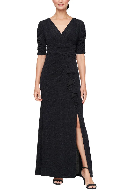 satin maxi dressesLong Metallic Knit Surplice Dress with Ruched Elbow Sleeves and Cascade Detail Skirt