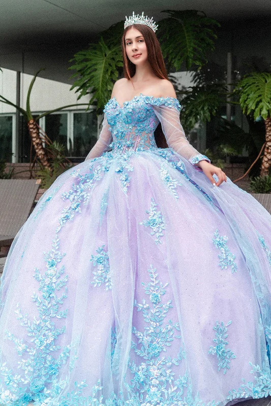 maxi dresses for casual FridaysLong 3D Floral Applique Sweet 16 Quinceanera Dress