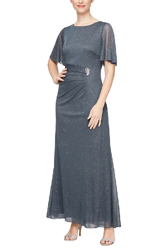 maxi dresses with lace-up detailsLong Glitter Mesh A-Line Dress With Embellished Ruched Waist and Flutter Sleeves