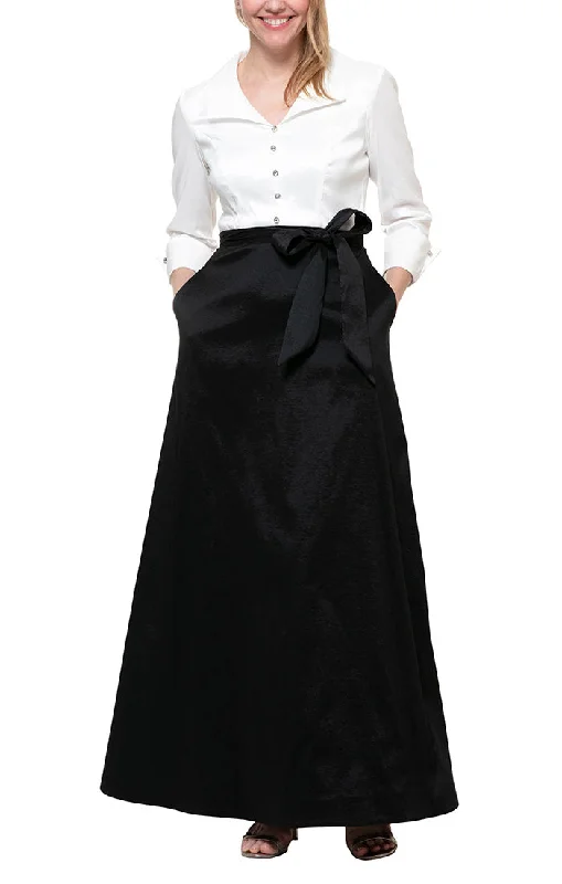 striped maxi dressesLong A-Line Taffeta Dress with Collar and Center Front Button Detail