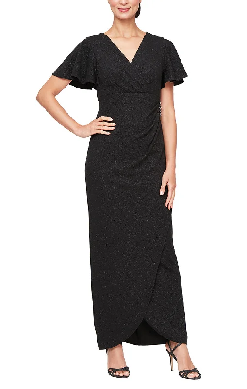 maxi dresses for everyday wearLong Empire Waist Metallic Knit Dress with Surplice Neckline, Flutter Sleeves, Embellishment Detail at Hip and Cascade Skirt