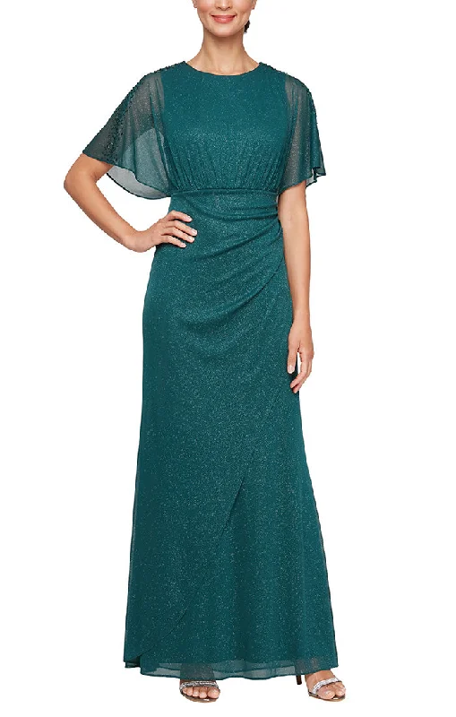 maxi dresses with zippersLong Empire Waist Glitter Mesh Dress with Embellished Sleeve Detail