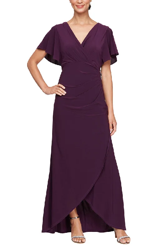 maxi dresses for formal eventsLong Empire Waist Surplice Neckline Dress with Flutter Sleeves, Beaded Detail at Hip and High/Low Hem