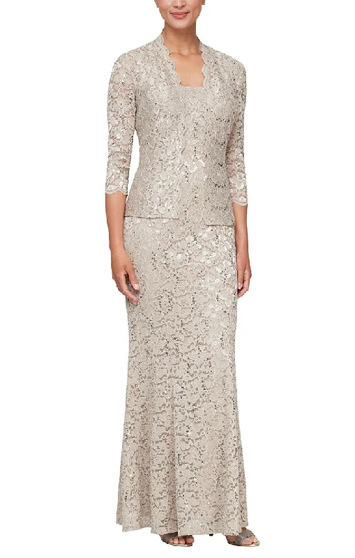 silk maxi dressesLong Fit and Flare Sequin Lace Dress with Scoop Neckline and Scallop Detail Open Jacket