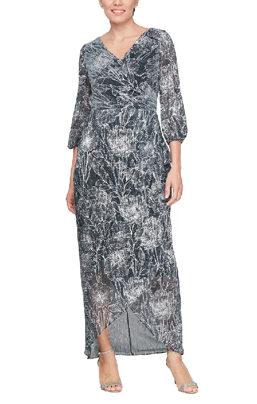 maxi dresses for beachLong Foil Printed Dress with Surplice Neckline, Ruched Waist and Cascade Overlay Skirt