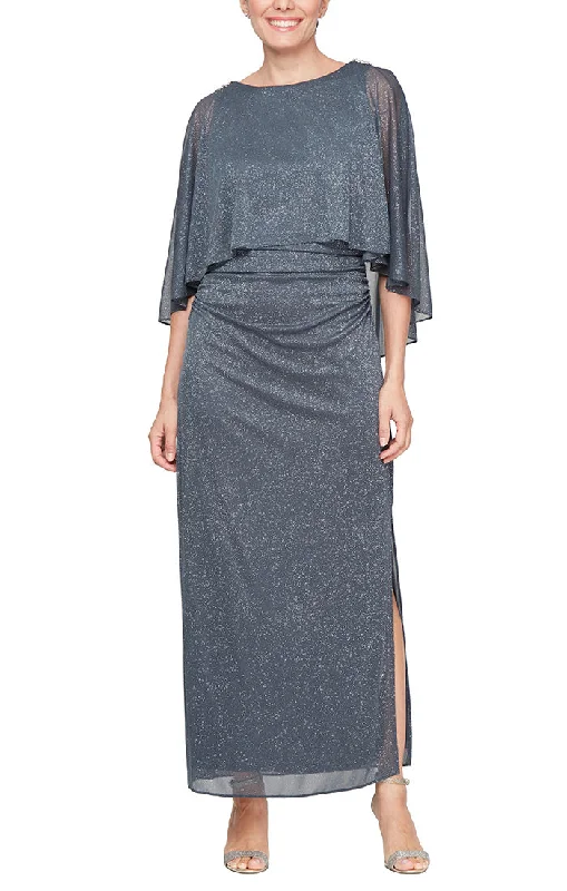 maxi dresses with buttonsLong Glitter Mesh Column Dress with Cold Shoulder Popover and Embellishment Detail at Shoulders